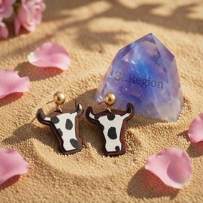 Black and White Polystyrene and Wood Cattle Drop Earrings, drop earrings for women, everyday style, detail close-up