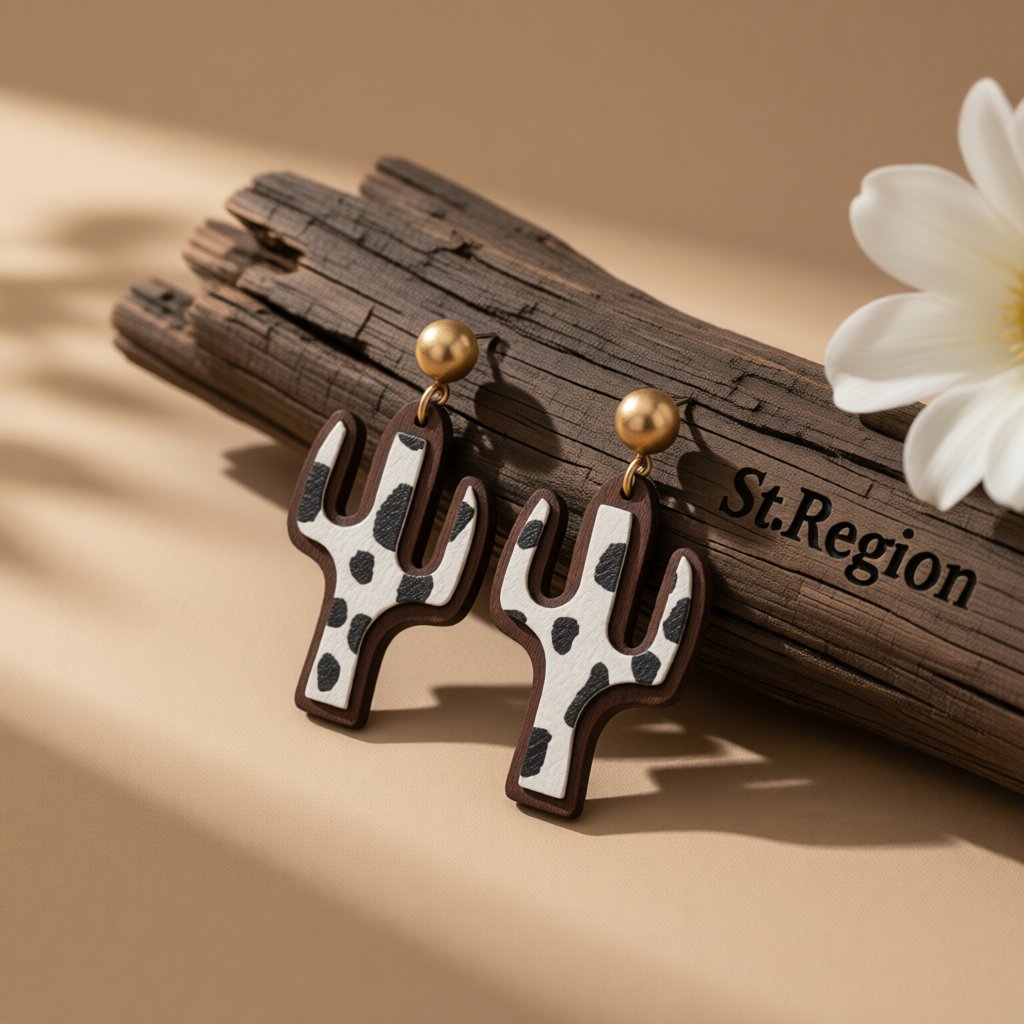 Black and White Polystyrene Cow-Print Cactus Drop Earrings, drop earrings for women, dainty minimalist design, front view
