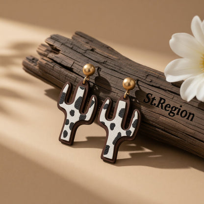 Black and White Polystyrene Cow-Print Cactus Drop Earrings, drop earrings for women, dainty minimalist design, front view