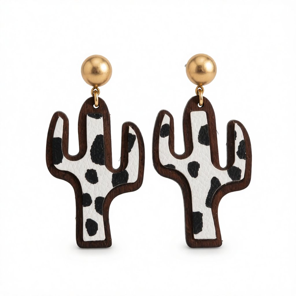 Black and White Polystyrene Cow-Print Cactus Drop Earrings, drop earrings for women, dainty minimalist design, side view