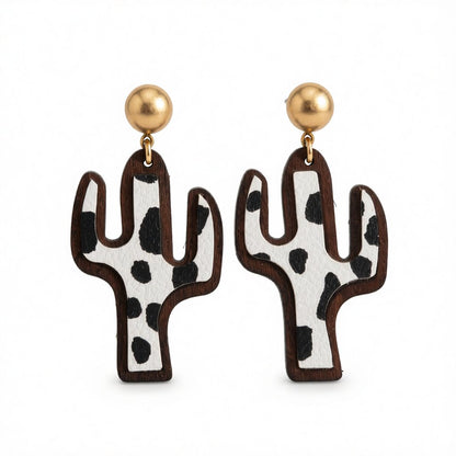 Black and White Polystyrene Cow-Print Cactus Drop Earrings, drop earrings for women, dainty minimalist design, side view