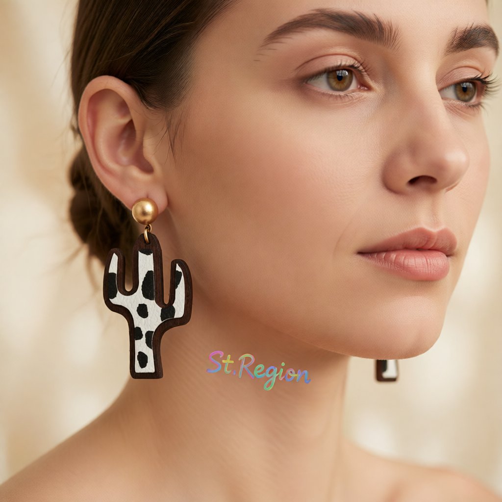 Black and White Polystyrene Cow-Print Cactus Drop Earrings, drop earrings for women, dainty minimalist design, styled look