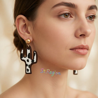 Black and White Polystyrene Cow-Print Cactus Drop Earrings, drop earrings for women, dainty minimalist design, styled look