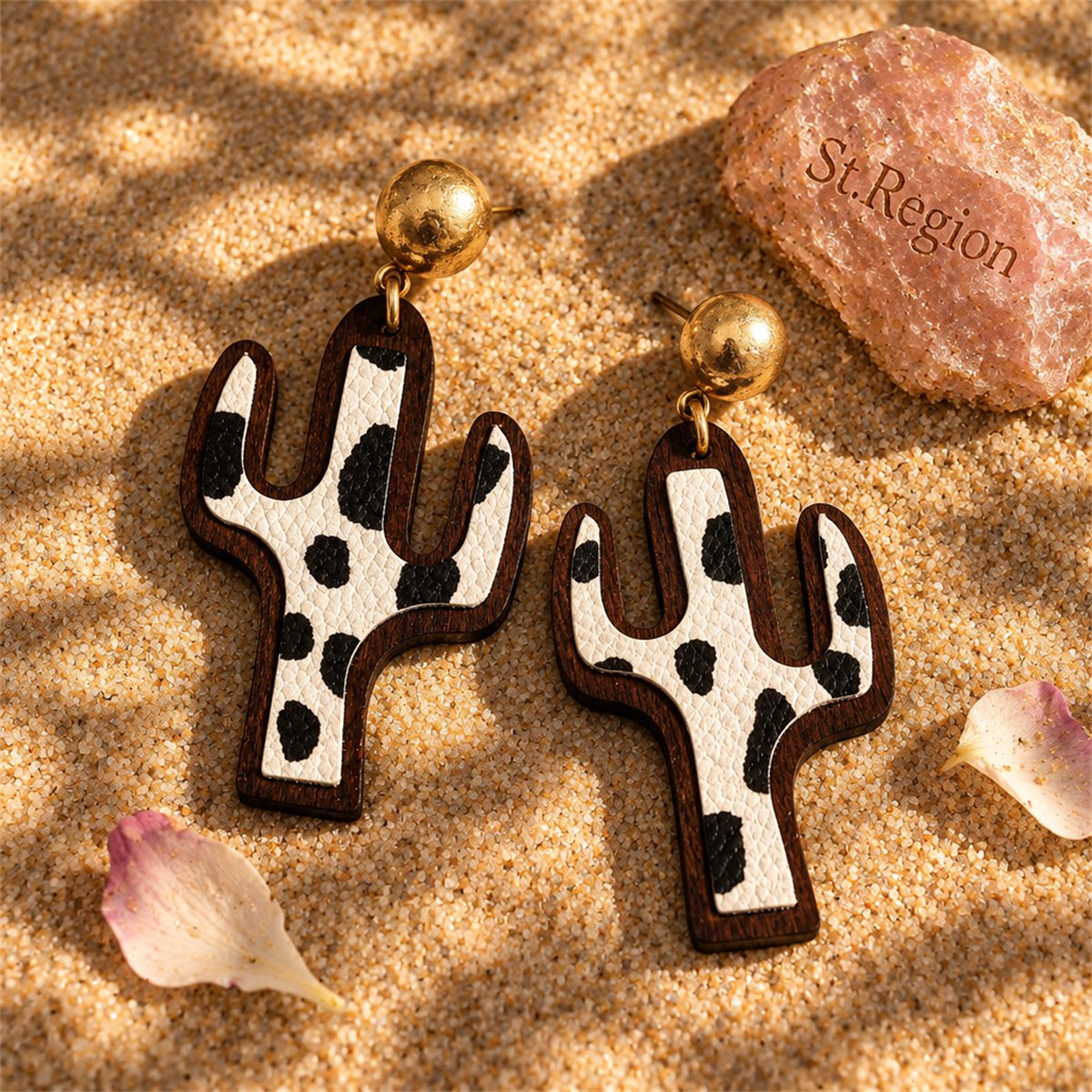 Black and White Polystyrene Cow-Print Cactus Drop Earrings, drop earrings for women, detail close-up