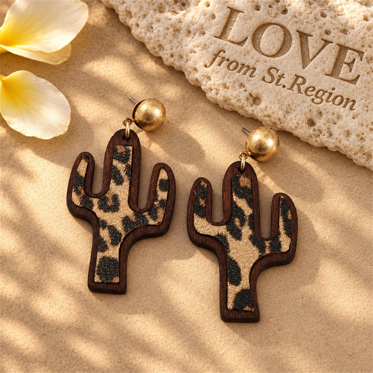 Beige and Black Polystyrene Leopard Cactus Drop Earrings, drop earrings for women, everyday style, lifestyle look