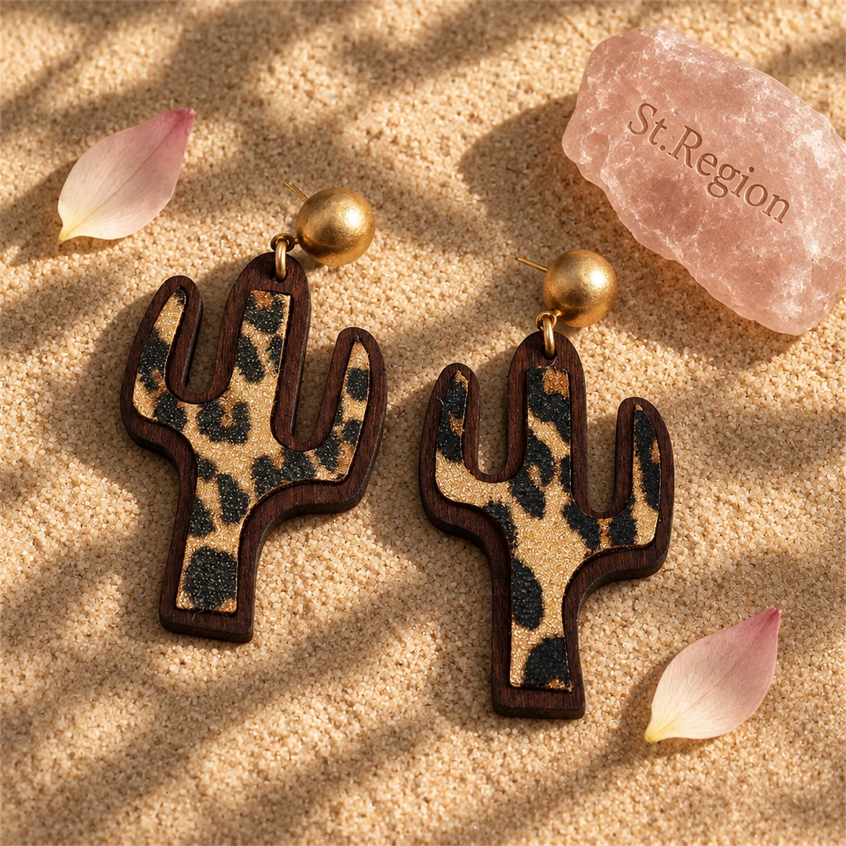 Beige and Black Polystyrene Leopard Cactus Drop Earrings, drop earrings for women, everyday style, detail close-up