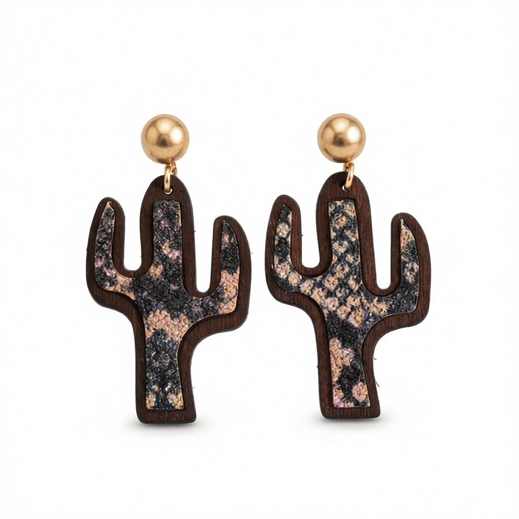Purple Polystyrene and Wood Cactus Drop Earrings, drop earrings for women, everyday style, side view