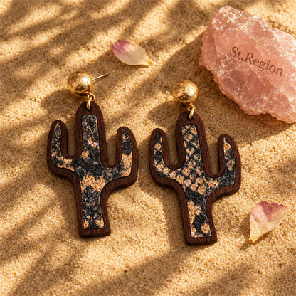 Purple Polystyrene and Wood Cactus Drop Earrings, drop earrings for women, everyday style, detail close-up