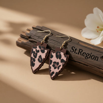 Purple Polystyrene and Wood Leopard Shield Drop Earrings, drop earrings for women, dainty minimalist design, front view
