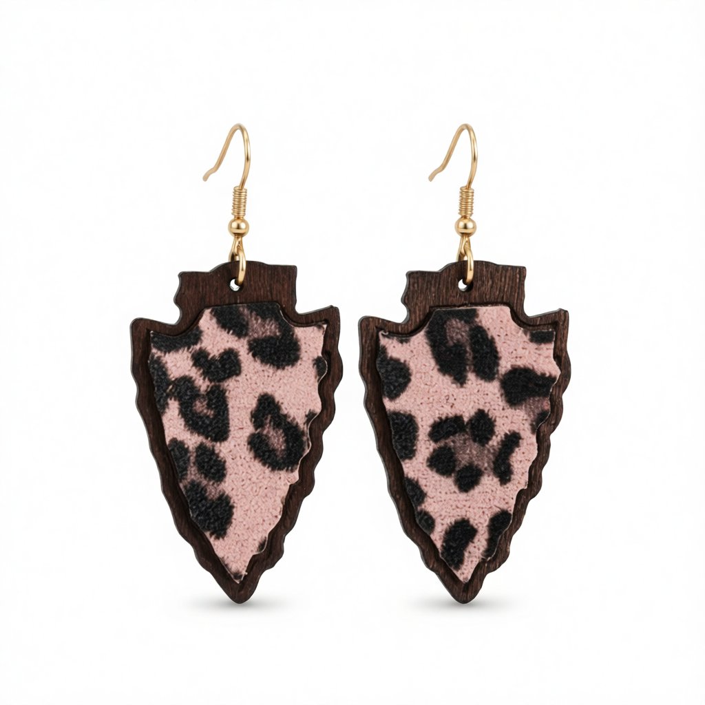 Purple Polystyrene and Wood Leopard Shield Drop Earrings, drop earrings for women, dainty minimalist design, side view