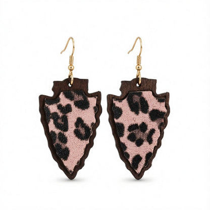 Purple Polystyrene and Wood Leopard Shield Drop Earrings, drop earrings for women, dainty minimalist design, side view