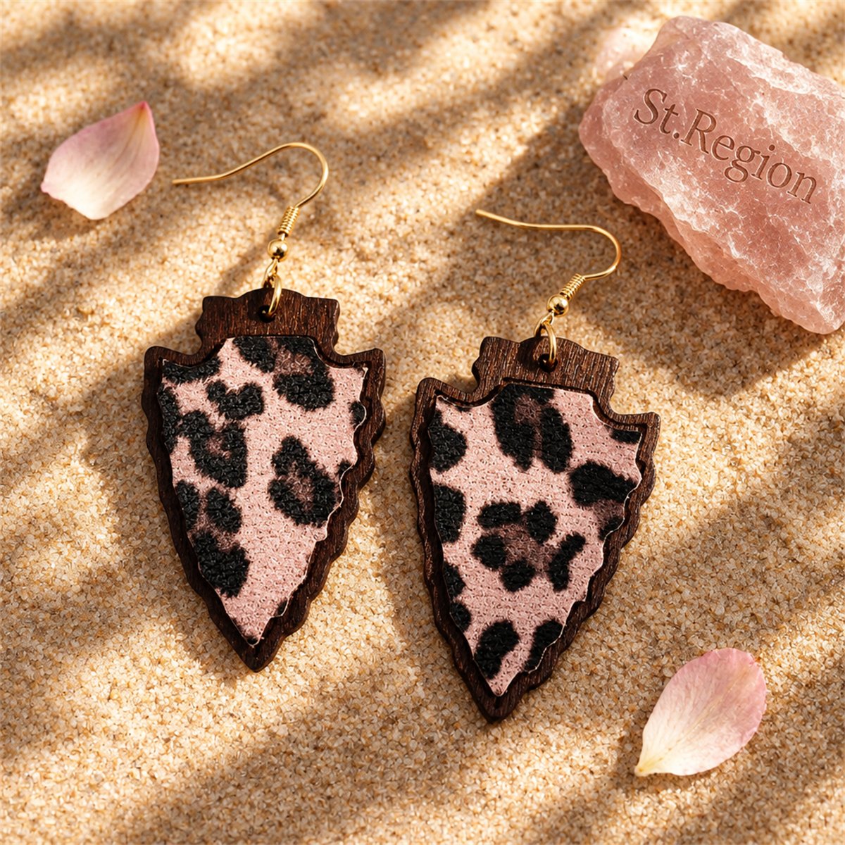 Purple Polystyrene and Wood Leopard Shield Drop Earrings, drop earrings for women, dainty minimalist design, detail close-up