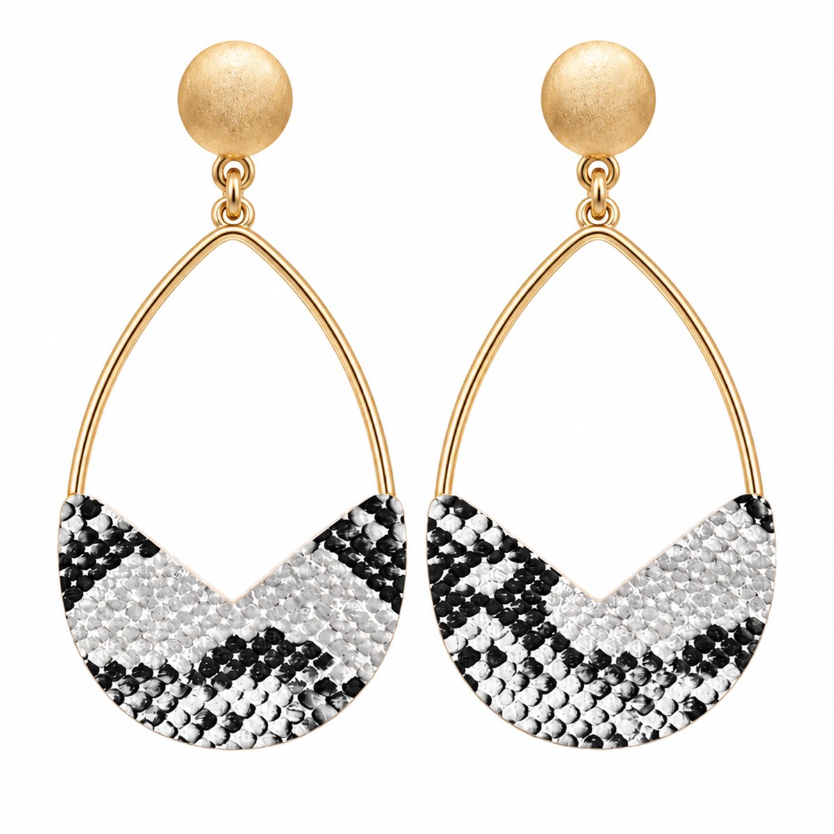 White and Gray Polystyrene 18K Gold-Plated Snake-Embossed Open Teardrop Earrings, gold drop earrings for women, side view