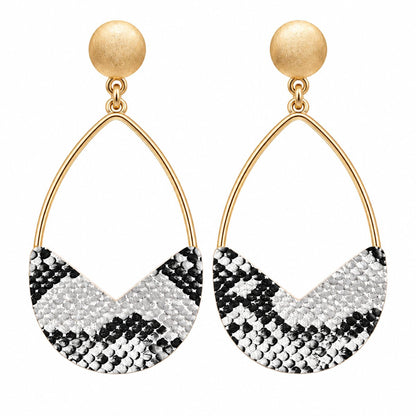 White and Gray Polystyrene 18K Gold-Plated Snake-Embossed Open Teardrop Earrings, gold drop earrings for women, side view