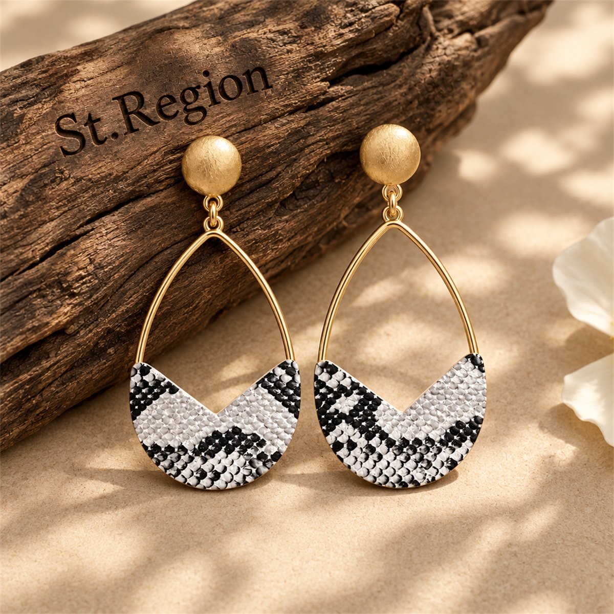 White and Gray Polystyrene 18K Gold-Plated Snake-Embossed Open Teardrop Earrings, gold drop earrings for women, front view