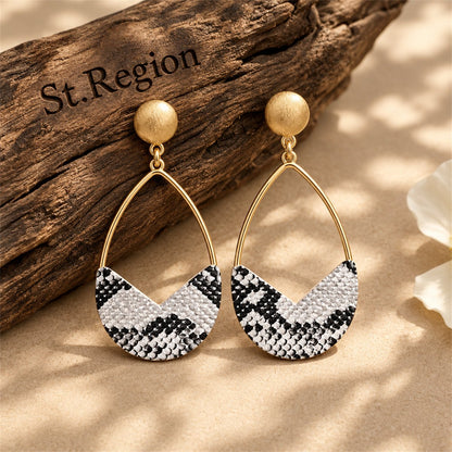 White and Gray Polystyrene 18K Gold-Plated Snake-Embossed Open Teardrop Earrings, gold drop earrings for women, front view
