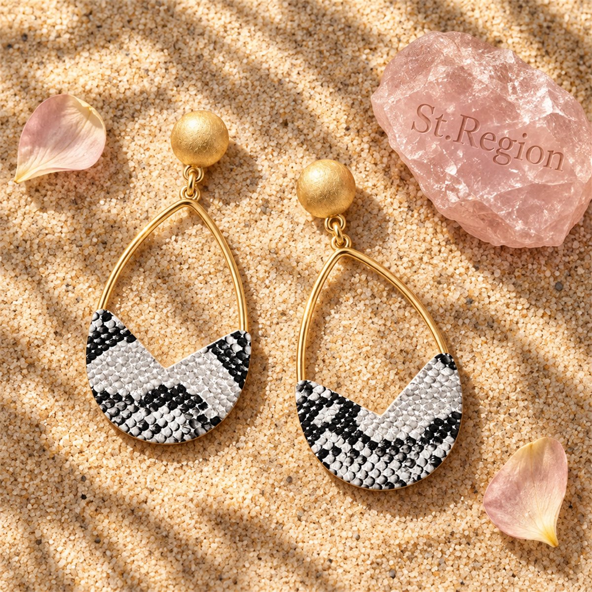 White and Gray Polystyrene 18K Gold-Plated Snake-Embossed Open Teardrop Earrings, gold drop earrings for..., detail close-up