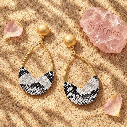 White and Gray Polystyrene 18K Gold-Plated Snake-Embossed Open Teardrop Earrings, gold drop earrings for..., detail close-up