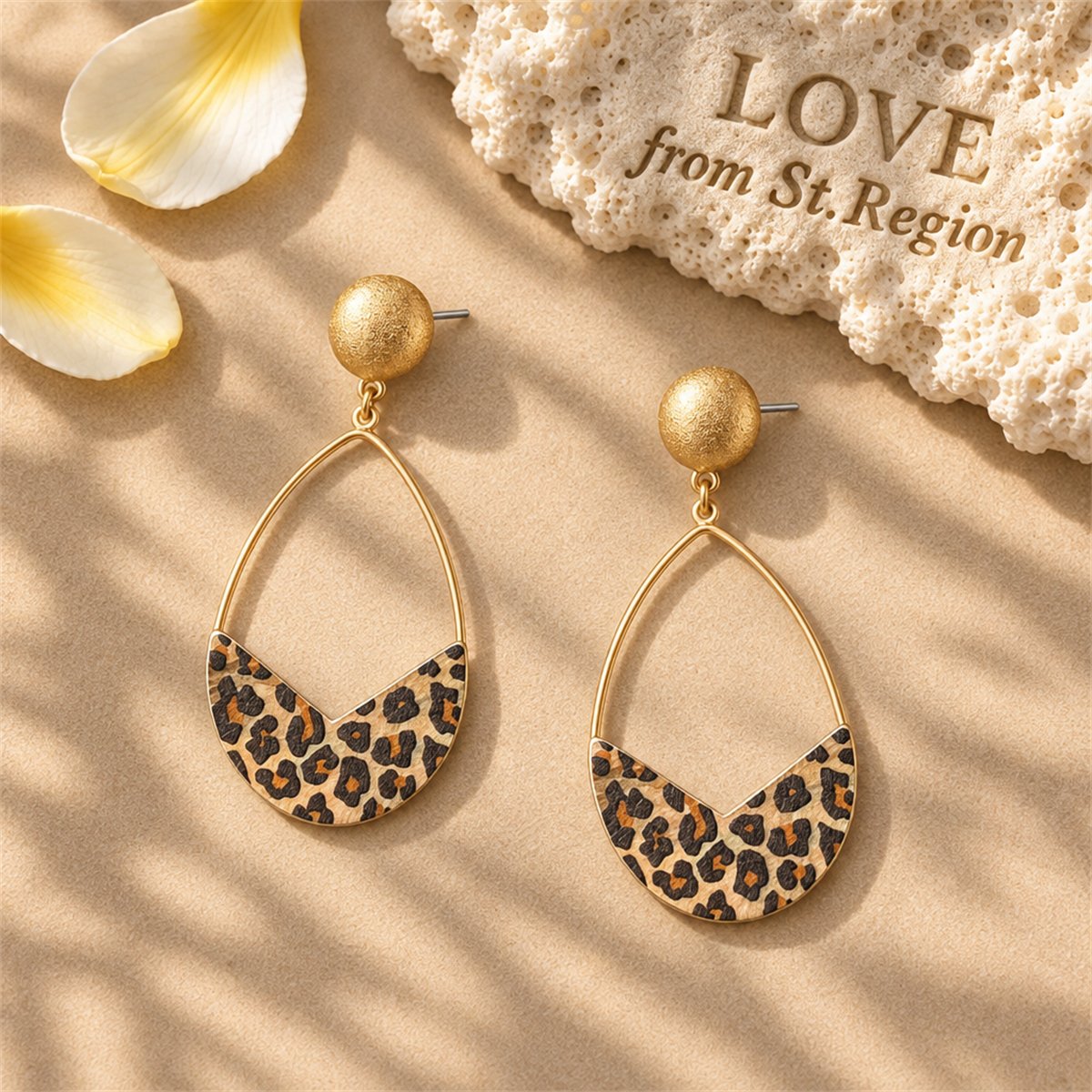 Beige and Black Polystyrene Leopard Open Teardrop Earrings, drop earrings for women, dainty minimalist design, lifestyle look