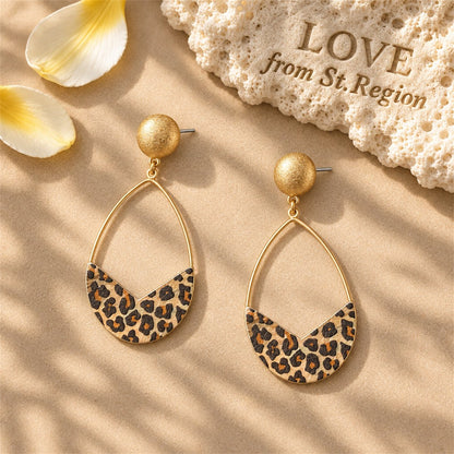 Beige and Black Polystyrene Leopard Open Teardrop Earrings, drop earrings for women, dainty minimalist design, lifestyle look
