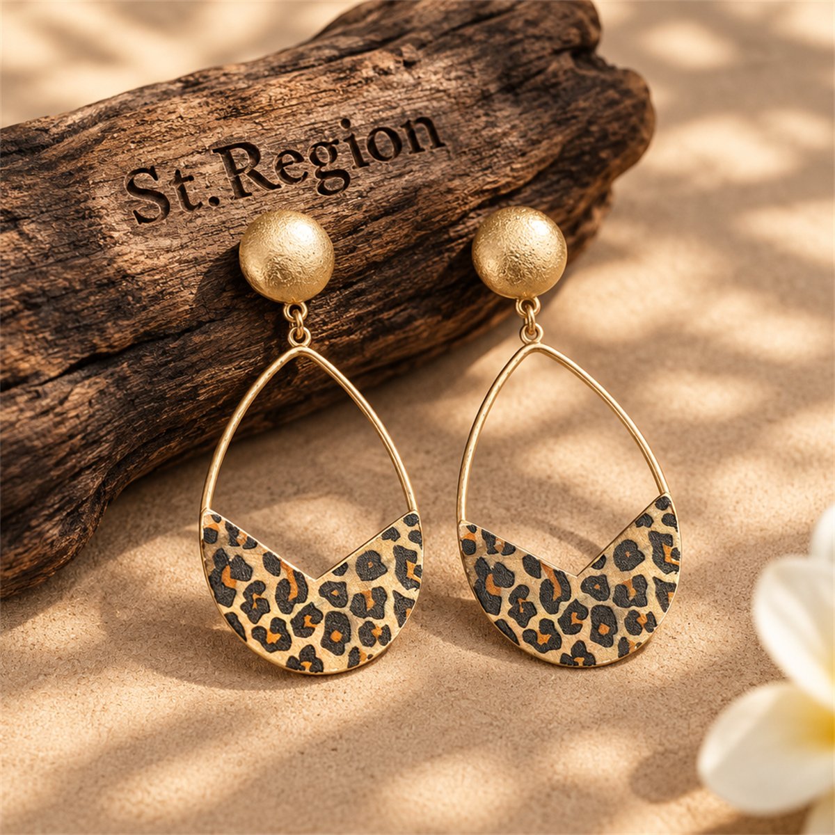 Beige and Black Polystyrene Leopard Open Teardrop Earrings, drop earrings for women, dainty minimalist design, front view