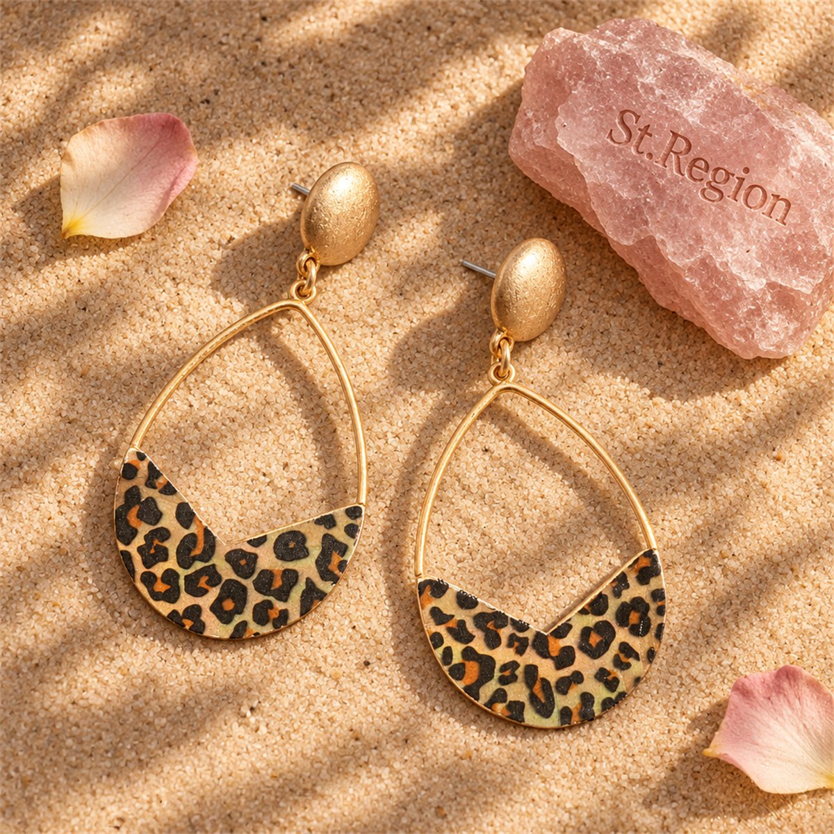 Beige and Black Polystyrene Leopard Open Teardrop Earrings, drop earrings for women, detail close-up