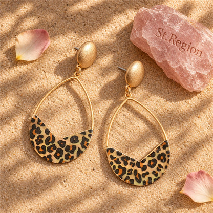 Beige and Black Polystyrene Leopard Open Teardrop Earrings, drop earrings for women, detail close-up