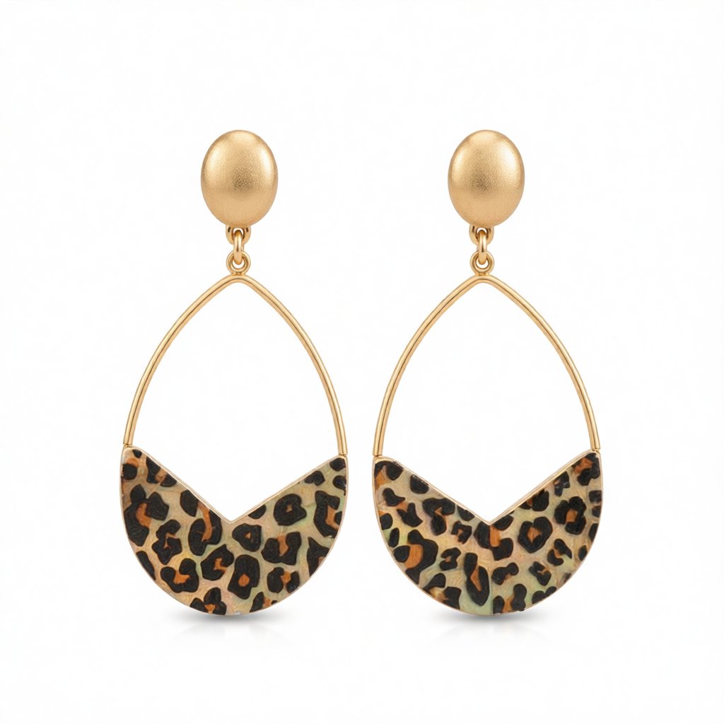 Beige and Black Polystyrene Leopard Open Teardrop Earrings, drop earrings for women, dainty minimalist design, side view