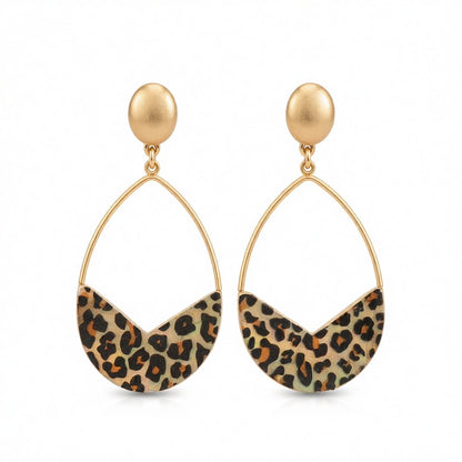 Beige and Black Polystyrene Leopard Open Teardrop Earrings, drop earrings for women, dainty minimalist design, side view