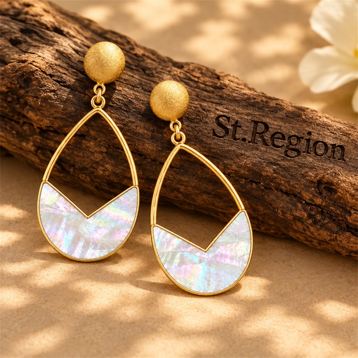 Shell and 18K Gold-Plated Pear Drop Earrings, gold drop earrings for women, elegant gift for her, front view