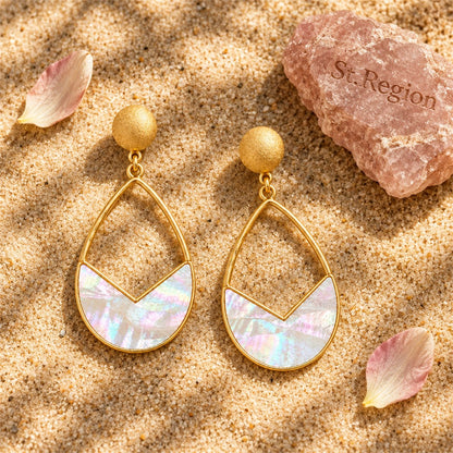 Shell and 18K Gold-Plated Pear Drop Earrings, gold drop earrings for women, elegant gift for her, detail close-up