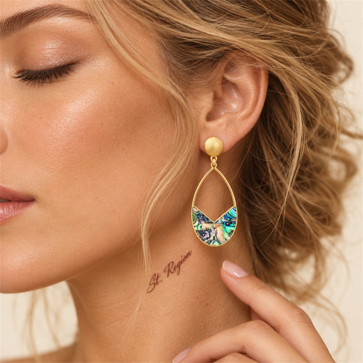 Abalone Shell and 18K Gold-Plated Drop Earrings, gold drop earrings for women, dainty minimalist design, styled look