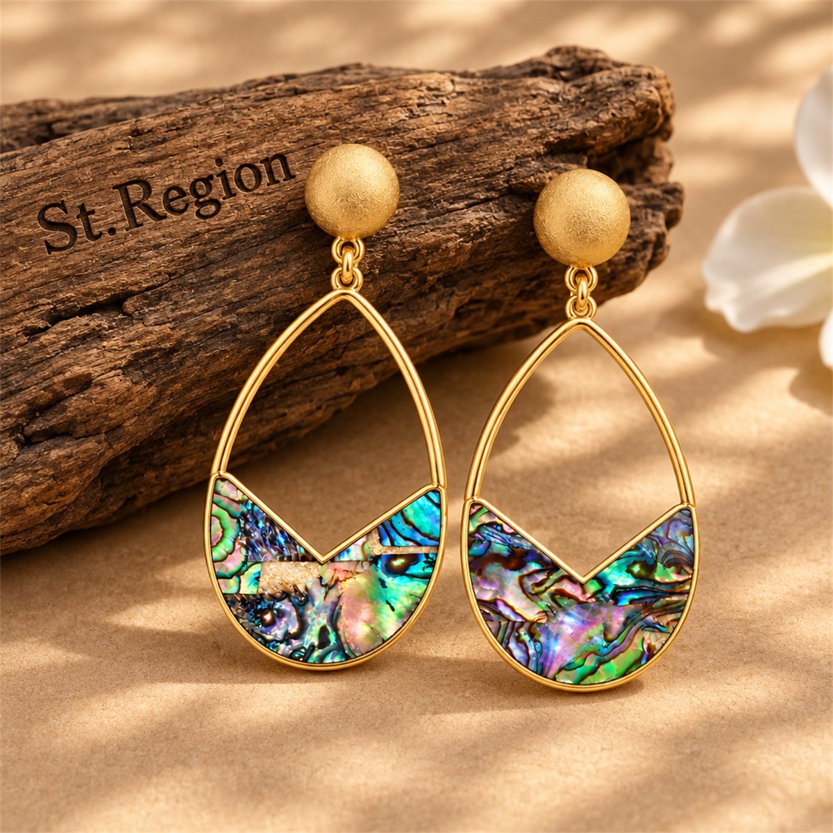 Abalone Shell and 18K Gold-Plated Drop Earrings, gold drop earrings for women, dainty minimalist design, front view