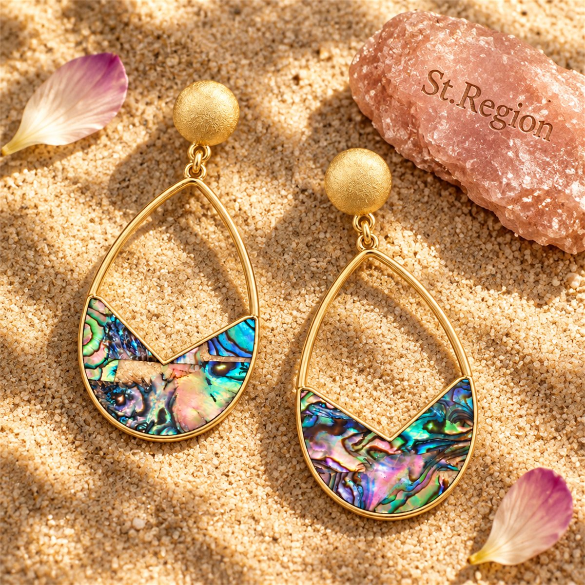 Abalone Shell and 18K Gold-Plated Drop Earrings, gold drop earrings for women, dainty minimalist design, detail close-up
