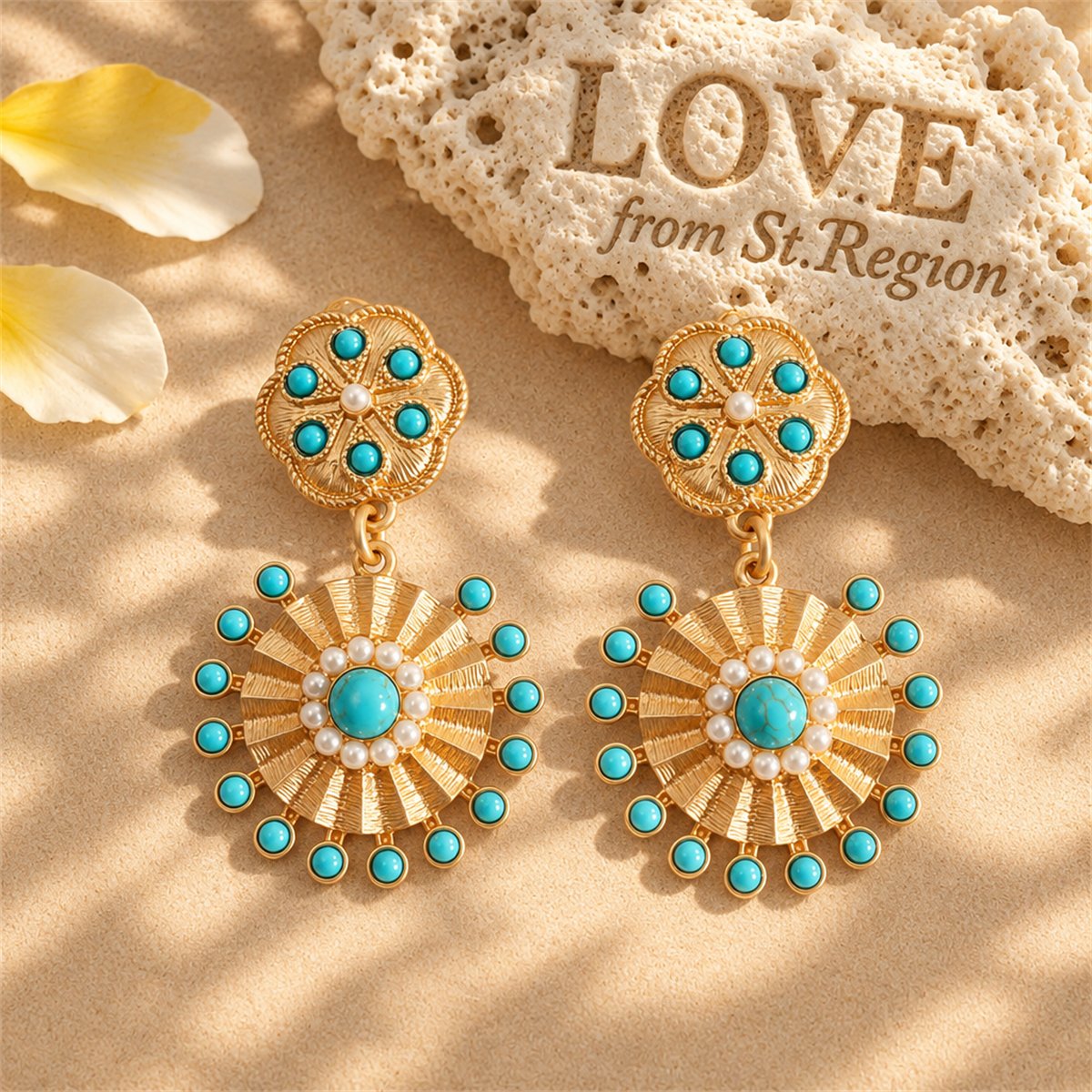Pearl and Turquoise 18K Gold-Plated Sunflower Drop Earrings, gold drop earrings for women, lifestyle look