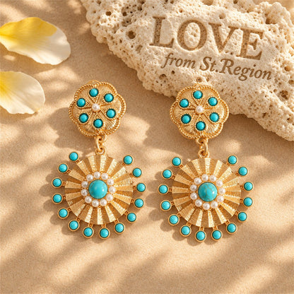 Pearl and Turquoise 18K Gold-Plated Sunflower Drop Earrings, gold drop earrings for women, lifestyle look