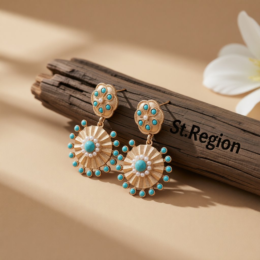 Pearl and Turquoise 18K Gold-Plated Sunflower Drop Earrings, gold drop earrings for women, front view