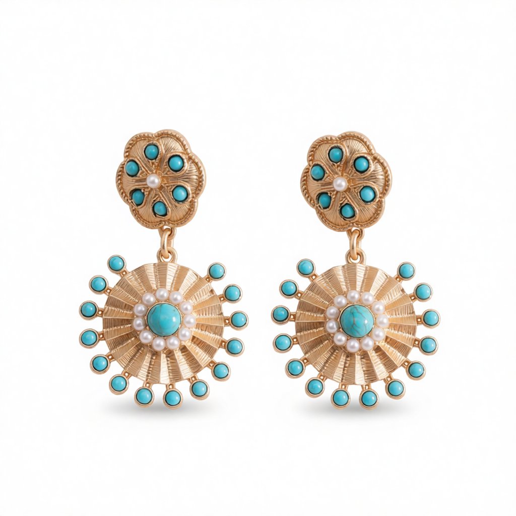 Pearl and Turquoise 18K Gold-Plated Sunflower Drop Earrings, gold drop earrings for women, side view