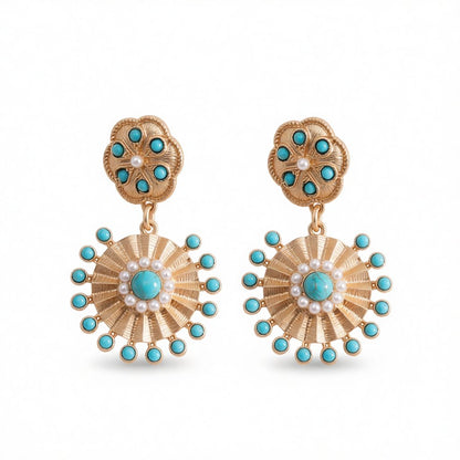 Pearl and Turquoise 18K Gold-Plated Sunflower Drop Earrings, gold drop earrings for women, side view