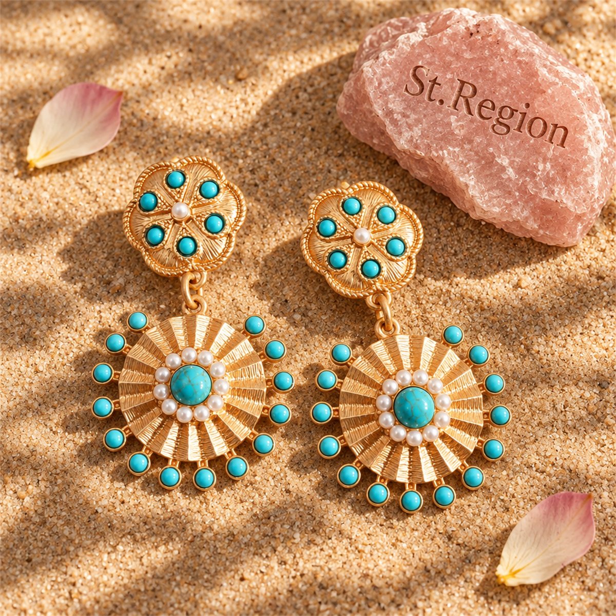 Pearl and Turquoise 18K Gold-Plated Sunflower Drop Earrings, gold drop earrings for women, detail close-up