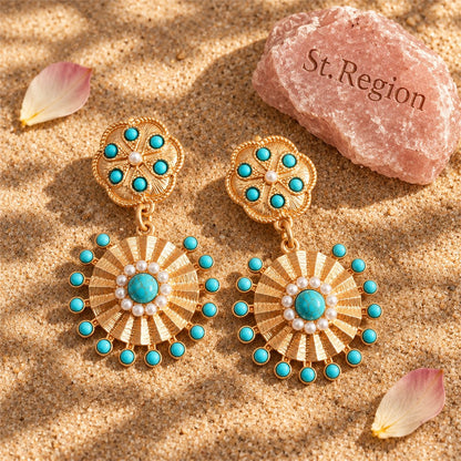 Pearl and Turquoise 18K Gold-Plated Sunflower Drop Earrings, gold drop earrings for women, detail close-up