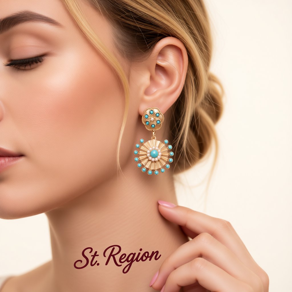 Pearl and Turquoise 18K Gold-Plated Sunflower Drop Earrings, gold drop earrings for women, styled look