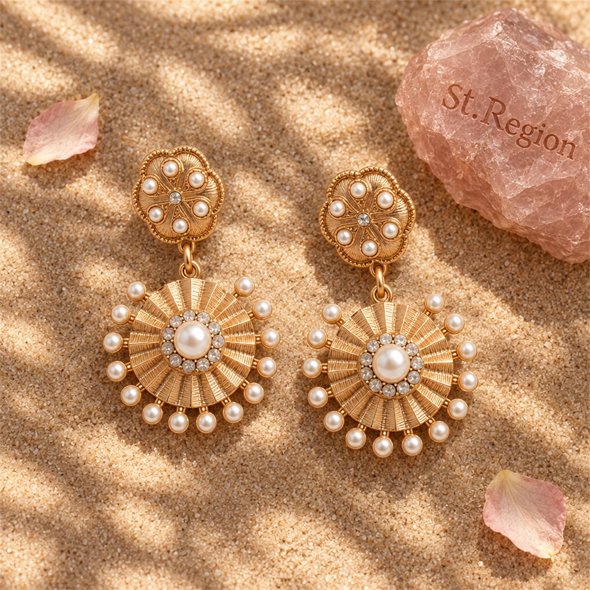 Pearl and Cubic Zirconia 18K Gold-Plated Sunflower Drop Earrings, gold drop earrings for women, detail close-up