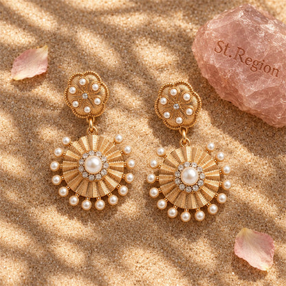 Pearl and Cubic Zirconia 18K Gold-Plated Sunflower Drop Earrings, gold drop earrings for women, detail close-up