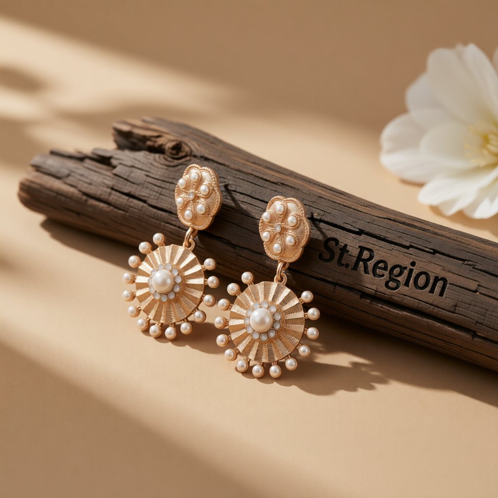 Pearl and Cubic Zirconia 18K Gold-Plated Sunflower Drop Earrings, gold drop earrings for women, front view