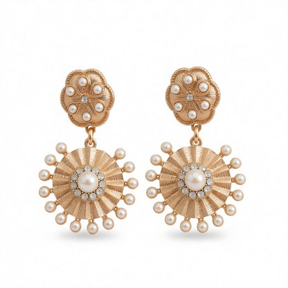 Pearl and Cubic Zirconia 18K Gold-Plated Sunflower Drop Earrings, gold drop earrings for women, botanical inspired, side view