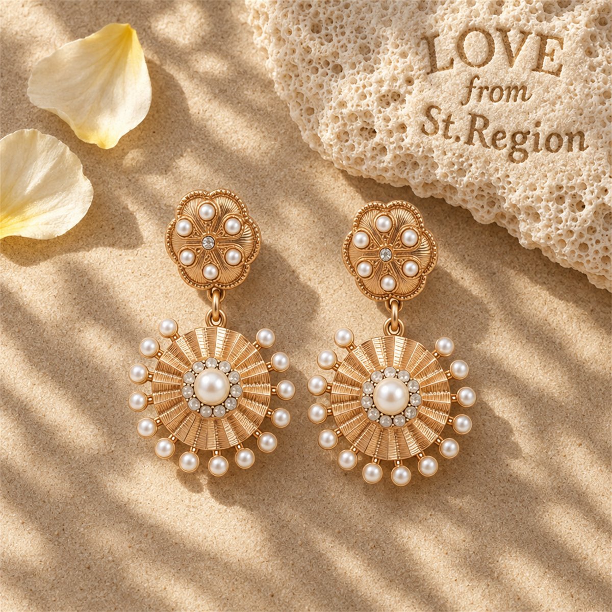 Pearl and Cubic Zirconia 18K Gold-Plated Sunflower Drop Earrings, gold drop earrings for women, lifestyle look