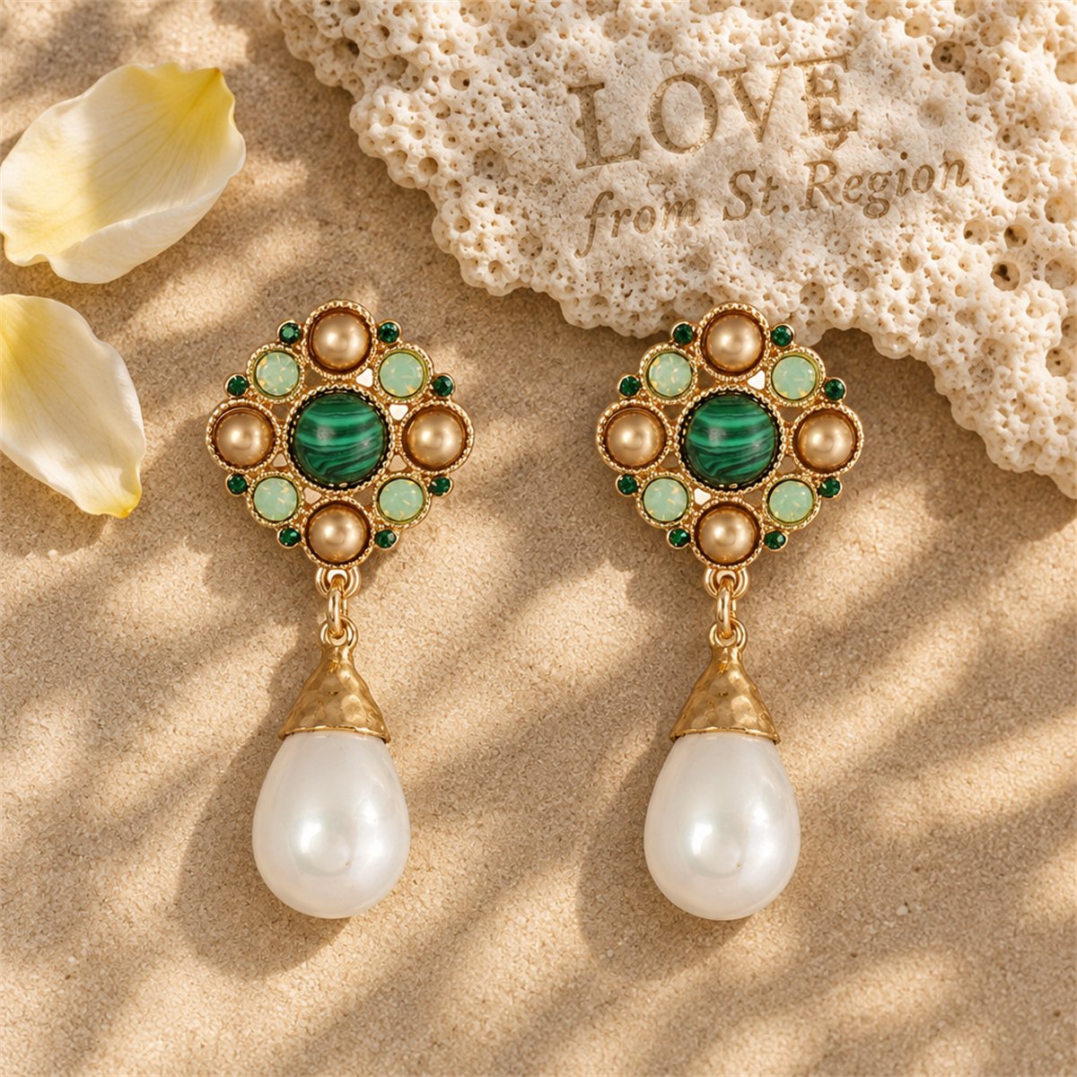 Green Cubic Zirconia and Pearl 18K Gold-Plated Teardrop Drop Earrings, gold drop earrings for women, lifestyle look