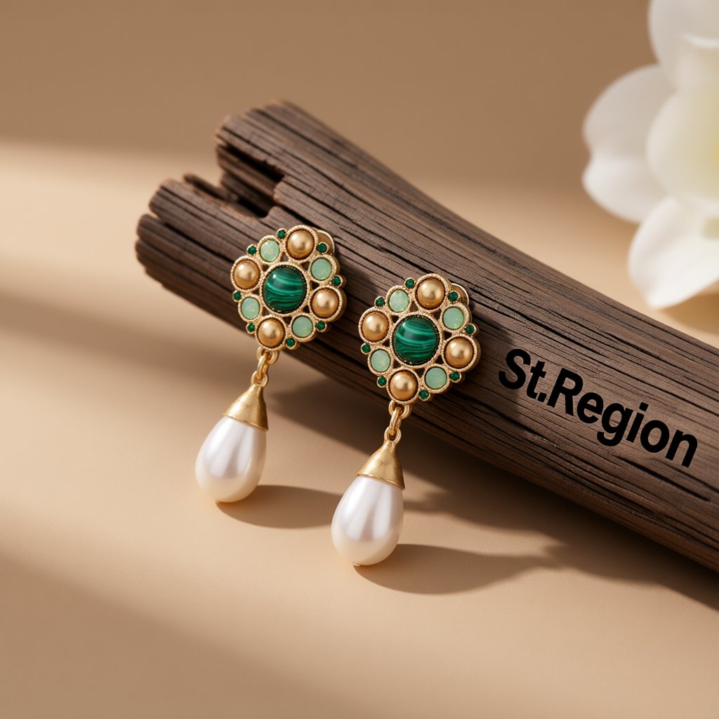 Green Cubic Zirconia and Pearl 18K Gold-Plated Teardrop Drop Earrings, gold drop earrings for women, front view