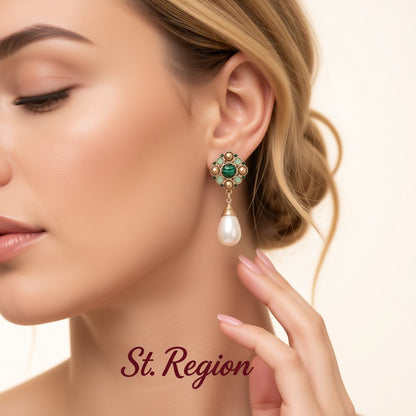Green Cubic Zirconia and Pearl 18K Gold-Plated Teardrop Drop Earrings, gold drop earrings for women, styled look